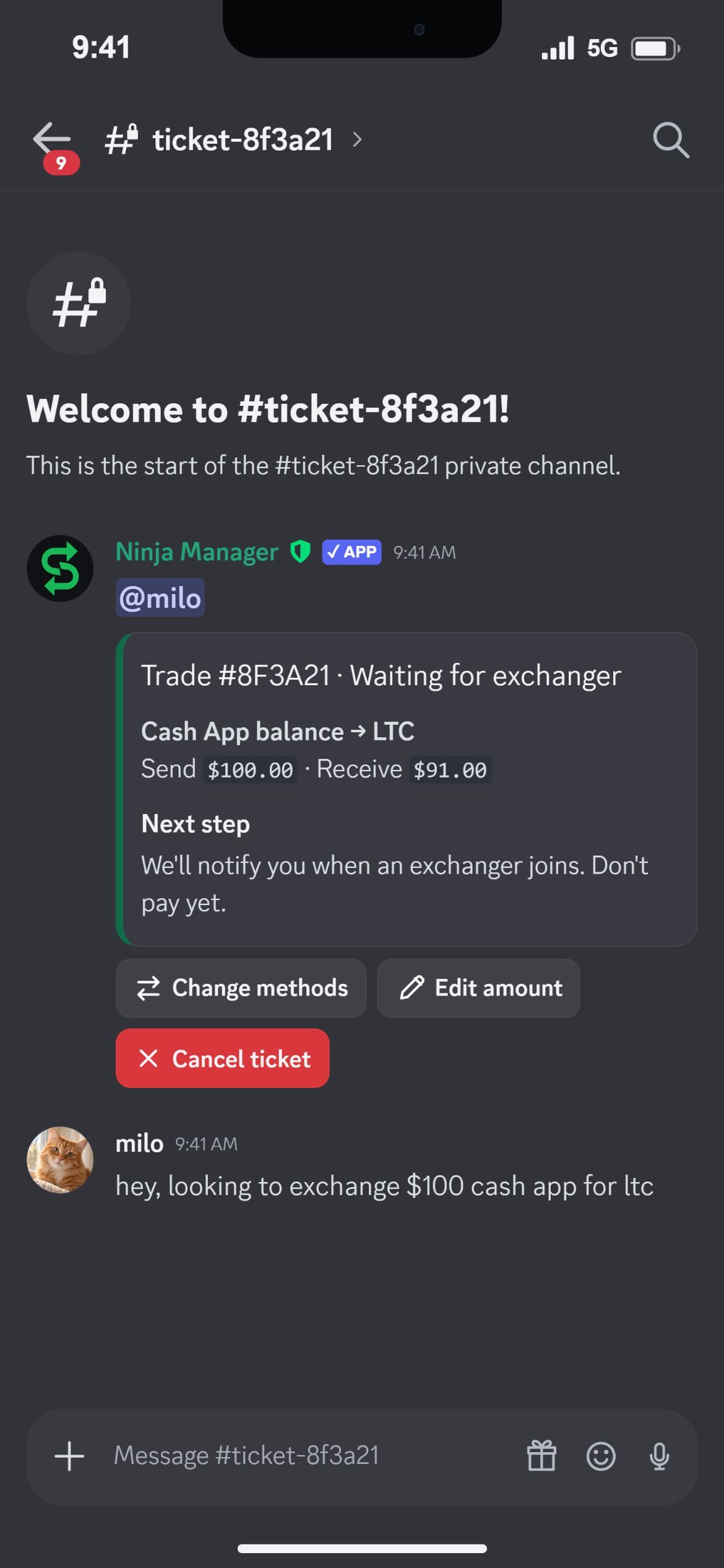 Example Discord trade ticket awaiting an exchanger